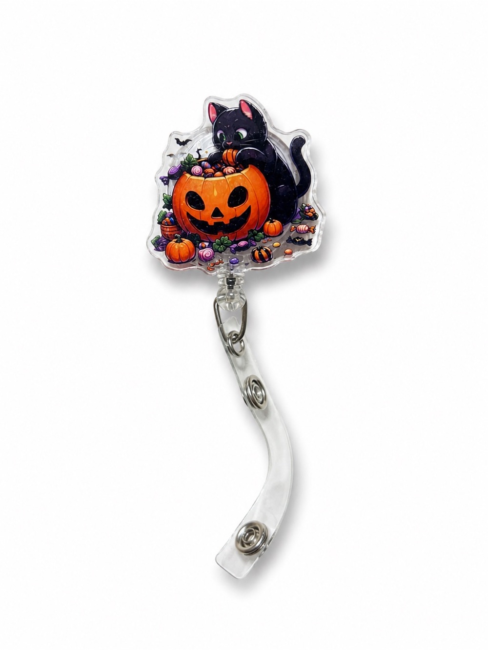 Cute Black Cat & Pumpkin Halloween Badge Reel - Orange & Black